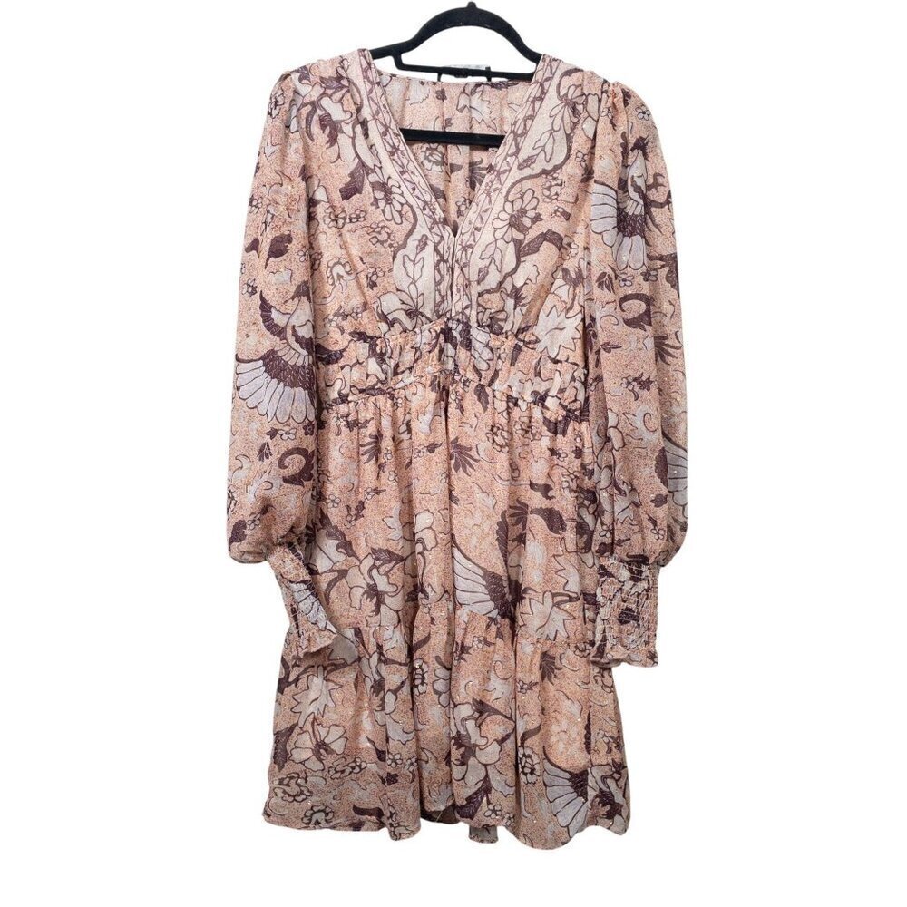 Anthropologie O.P.T Floral Birds Boho Prairie Dress SZ S Cream Brown Fall